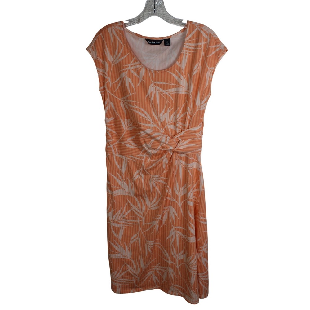 Lands End Orange Palm Leaf Striped Knit Twist Waist Short Sleeve Dress Small